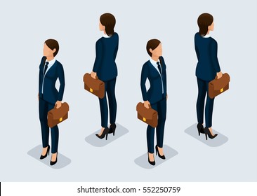 Trend Isometric People Set 4, mujer de negocios 3D con trajes de negocios, gestos de la gente, vista frontal y trasera aislados en un fondo claro. Ilustración del vector