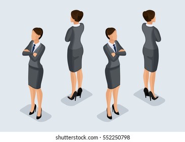 Trend Isometric People Set 5, 3D business woman in business suits, people's gestures, a front view and rear view isolated on a light background. Vector illustration