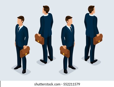 Trend Isometric People Set 6, 3D businessmen in business suits, people gestures, front view and rear view isolated on a light background. Vector illustration