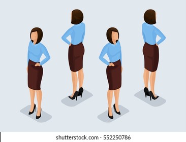 Trend Isometric People Set 6, 3D business woman in business suits, people's gestures, a front view and rear view isolated on a light background. Vector illustration