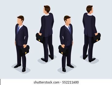 Trend Isometric People Set 7, 3D businessmen in business suits, people gestures, front view and rear view isolated on a light background. Vector illustration