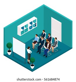 Trend isometric people, training room, front view, coachers, training, lecture, meeting, brainstorm, businessmen and business woman in suits isolated on a light background. Vector illustration.