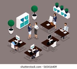 Trend Isometric people working office is a front view, business concept, management, office furniture, workflow, business office workers in suits insulated. Vector illustration.