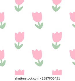 Trend kawaii hand drawn flower seamless pattern with pink tulip flowers. Floral seamless pattern Modern abstract Simple shaped 