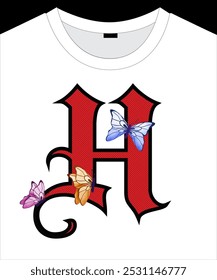 Trend letter like a varsity or gothic with butterfly graphic design for t shirt or card.