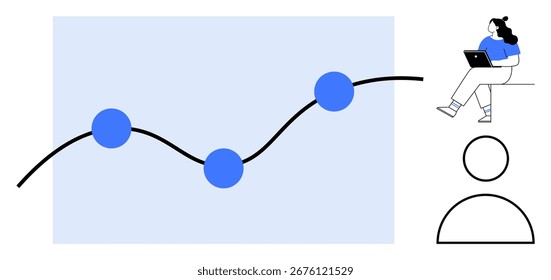 Linha de tendência com pontos de dados, pessoa trabalhando em um laptop, ícone do perfil do usuário. Ideal para análises comerciais, visualização de dados, apresentações técnicas, interfaces de usuário, educação on-line, trabalho remoto