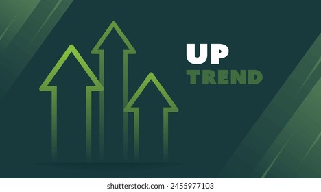Up trend with linear arrows isolated on green background with glowing effect. Arrows rising up and thereby show the growth of assets. Stock exchange concept. Trader profit. Vector illustration.