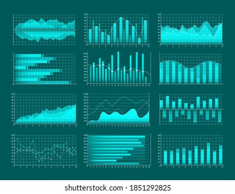 Trend lines, columns, market economy information background. Set of business graphs. Infographics and diagnostics, charts and schemes. Analysis and management of financial assets. Vector illustration.