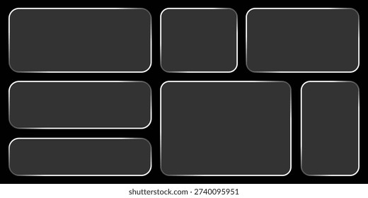 Trend liquid glass frames and buttons set transparent background. Vector of realistic illustration of glass morphism text boxes. Modern liquid glass.