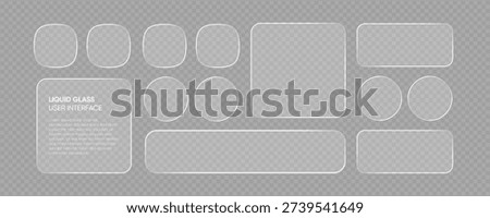 Trend liquid glass frames and buttons set transparent background. Vector EPS10 realistic illustration of glass morphism text boxes, menu windows, search bars, website, mobile app ui ux design elements