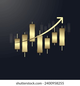 Una tendencia al alza Gráficos de barras de lujo, gráfico de Oro Graph, con flecha de tendencia al alza en la parte superior usada para el gráfico de velas de negocios de conceptos de negociación de inversión