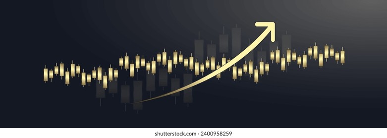 Una tendencia al alza Gráficos de barras de lujo, gráfico de Oro Graph, con flecha de tendencia al alza en la parte superior usada para el gráfico de velas de negocios de comercio de inversión