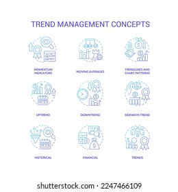 Conjunto de iconos de concepto de degradado azul de administración de tendencias. Proceso de análisis de tendencias. Ilustraciones en color de la idea de estrategia empresarial. Símbolos aislados. Fuentes Roboto-Medium, Myriad Pro-Bold utilizadas