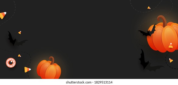 Trend minimal horizontal poster with glowing pumpkins, colored triangle candies, bats and eyes on gradient dark background with copy space