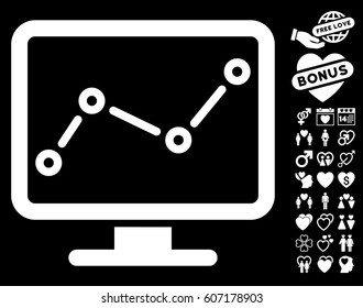 Trend Monitoring pictograph with bonus amour symbols. Vector illustration style is flat iconic white symbols on black background.