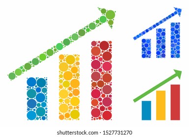 Trend mosaic of circle elements in various sizes and shades, based on trend icon. Vector round elements are grouped into blue mosaic. Dotted trend icon in usual and blue versions.
