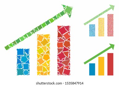 Trend mosaic of trembly parts in variable sizes and shades, based on trend icon. Vector abrupt parts are combined into collage. Trend icons collage with dotted pattern.