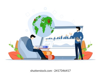 Trend observer concept. Trend analysis and project promotion. Specialist in tracking the emergence of new business trends. Vector illustration in flat style on white background.