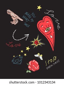 Trend Patch With Heart, Roses, Butterfly And Text. Vector Hand Drawn Illustration For T Shirt, Embroidery Or Printing Tee