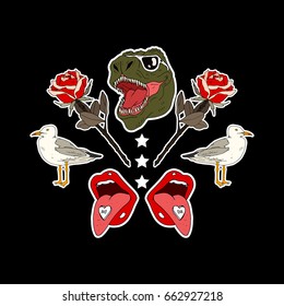 Trend patches. Print on tshirts and other materials. Set of stickers, pins, patches and handwritten notes collection in cartoon. Vector illustration