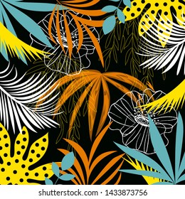 Trend pattern with bright tropical leaves and plants on a black background. Vector design. Jungle print. Floral background. Printing and textiles. Exotic tropics. Summer design.
