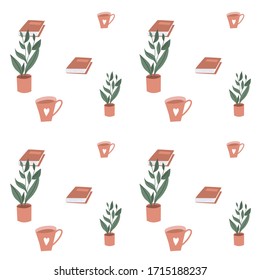 Trend pattern on a white background. Home comfort. Book, coffee, home plant. Сoziness.