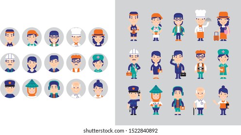 Trend people of different professions, doctor, nurse, freelancers, business woman and businessman Vector illustration of flat design people characters.Group of working people diversity,  avatar icon