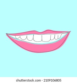 trend picture colored smiling lips on a blue background. Concept for logo, flyer, banner. An image drawn with a continuous line.