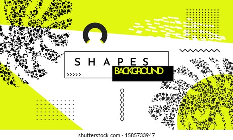 Trend poster. Bright dotted geometric leaves foliage. Yellow color elements composition. Background in flat geometric style. Magazine, leaflet, billboard, sale, website template. Tropical large plants