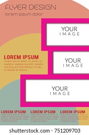 Trend poster flyer brochure cover design layout with circular shape graphic elements and place for background photography, blue and yellow color scheme, vector pattern in A4 format