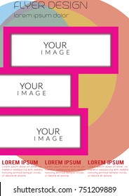 Trend poster flyer brochure cover design layout with circular shape graphic elements and place for background photography, blue and yellow color scheme, vector pattern in A4 format