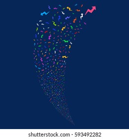 Trend random fireworks stream. Vector illustration style is flat bright multicolored iconic symbols on a blue background. Object fountain created from scattered icons.