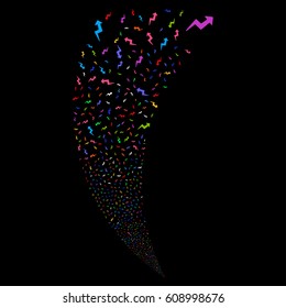 Trend random fireworks stream. Vector illustration style is flat bright multicolored iconic symbols on a black background. Object fountain made from scattered design elements.