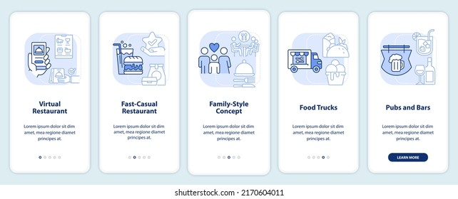 Trend restaurant concepts light blue onboarding mobile app screen. Walkthrough 5 steps editable graphic instructions with linear concepts. UI, UX, GUI template. Myriad Pro-Bold, Regular fonts used