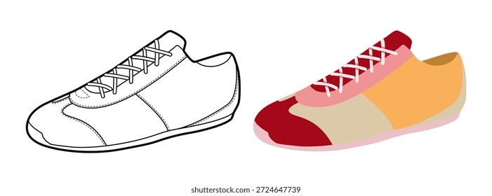 Conjunto de zapatillas deportivas de running de tendencia plana más línea. Estilo de vida activo del guardarropa del verano del calzado deportivo elegante. Ilustración de moda técnica, maqueta CAD, hombres de Vector mixto mujer unisex estilo elegante aislado