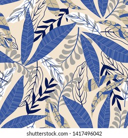 Trend seamless pattern with bright tropical leaves and flowers on beige background. Vector design. Jungle print. Textiles and printing. Floral background.