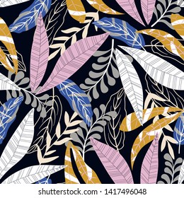Trend seamless pattern with bright tropical leaves and flowers on black background. Vector design. Jungle print. Textiles and printing. Floral background.