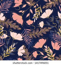 Trend seamless pattern with bright tropical leaves and flowers on a dark blue background. Vector design. Jungle print. Textiles and printing. Floral background.