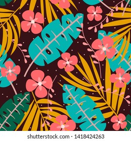 Trend seamless pattern with bright tropical leaves, plants and flowers on Burgundy background. Vector design. Jungle print. Textiles and printing. Floral background.