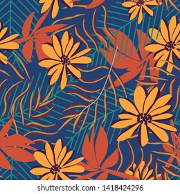 Trend seamless pattern with bright tropical leaves and flowers on pastel background. Vector design. Jungle print. Textiles and printing. Floral background.