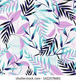 Trend seamless pattern with bright tropical leaves and plants on a light background. Vector design. Jung print. Floral background. Printing and textiles.