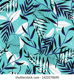 Trend seamless pattern with bright tropical leaves and plants on a light turquoise background. Vector design. Jung print. Floral background. Printing and textiles.