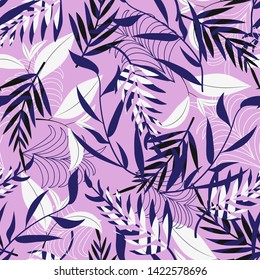 Trend seamless pattern with bright tropical leaves and plants on a light pink background. Vector design. Jung print. Floral background. Printing and textiles.