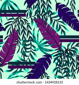 Trend seamless pattern with bright tropical leaves and plants on a green background. Vector design. Jungle print. Floral background. Printing and textiles. Exotic tropics. Summer design.