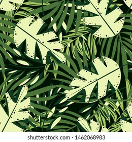 Trend seamless pattern with bright tropical leaves and plants on a green background. Vector design. Jungle print. Floral background. Printing and textiles. Exotic tropics. Summer design.