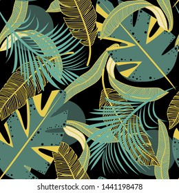 Trend seamless pattern with colorful tropical leaves and plants on a dark background. Vector design. Jungle print. Floral background. Printing and textiles. Exotic tropics. Summer design.