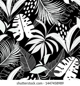 Trend seamless pattern with colorful tropical leaves and plants on black background. Vector design. Jungle print. Floral background. Printing and textiles. Exotic tropics. Fresh design.