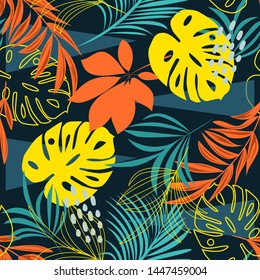 Trend seamless pattern with colorful tropical leaves and plants on blue background. Vector design. Jungle print. Floral background. Printing and textiles. Exotic tropics. Fresh design.