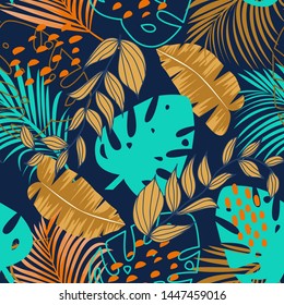 Trend seamless pattern with colorful tropical leaves and plants on purple background. Vector design. Jungle print. Floral background. Printing and textiles. Exotic tropics. Fresh design.
