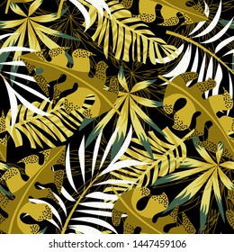 Trend seamless pattern with colorful tropical leaves and flowers on a dark background. Vector design. Jungle print. Floral background. Printing and textiles. Exotic tropics. Fresh design.